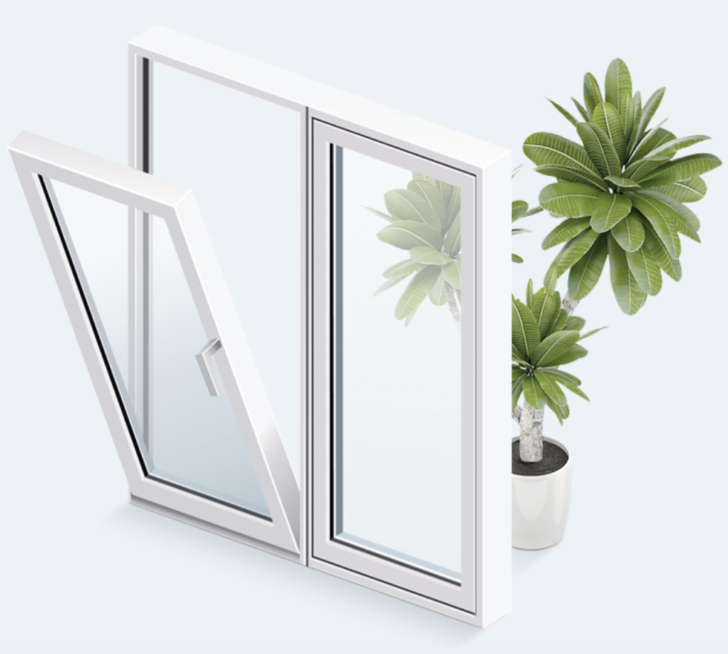 Illustration of a white tilt-and-turn window with a potted plant
