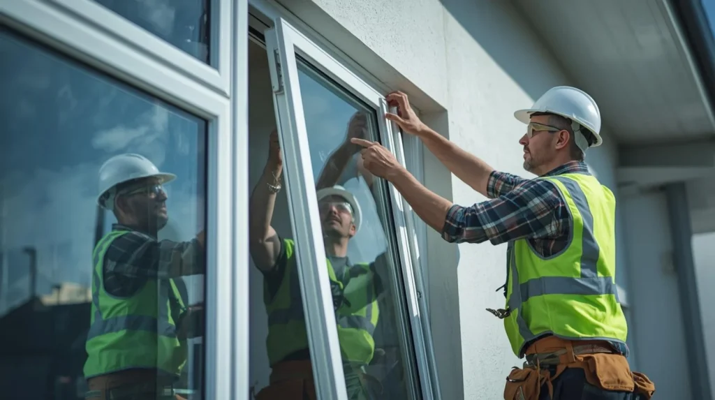 Two installers in hard hats and high-visibility vests fitting a glass window panel