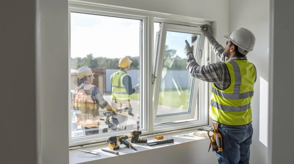 Installer in a hard hat fitting a window
