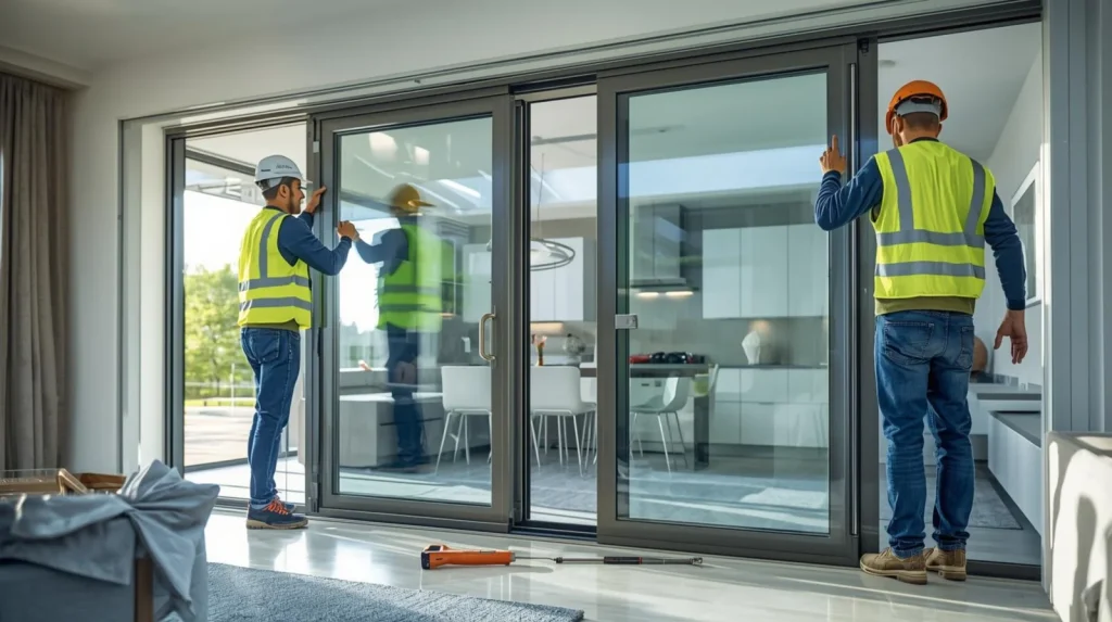 Installers fitting large sliding glass doors
