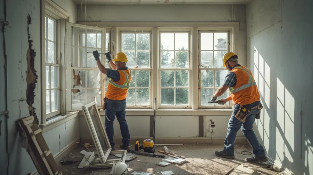 Two installers in hard hats removing old windows in a sunroom