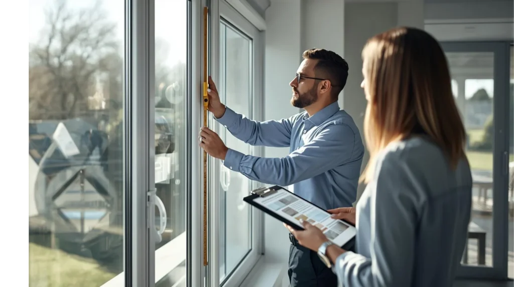Man and woman with a clipboard checking a window measurement
