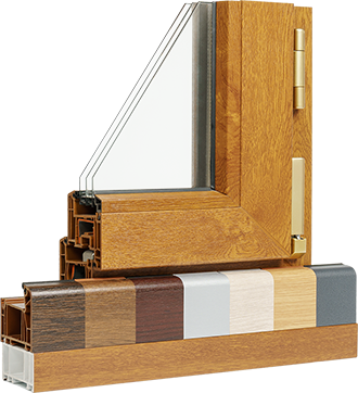 Cross-section of a wood-grain window profile above a row of colour samples