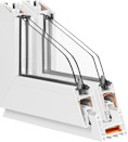 Cross-section of a white vinyl window frame with triple glazing