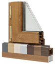 Cross-section of a wood-effect window frame with a colour sample strip