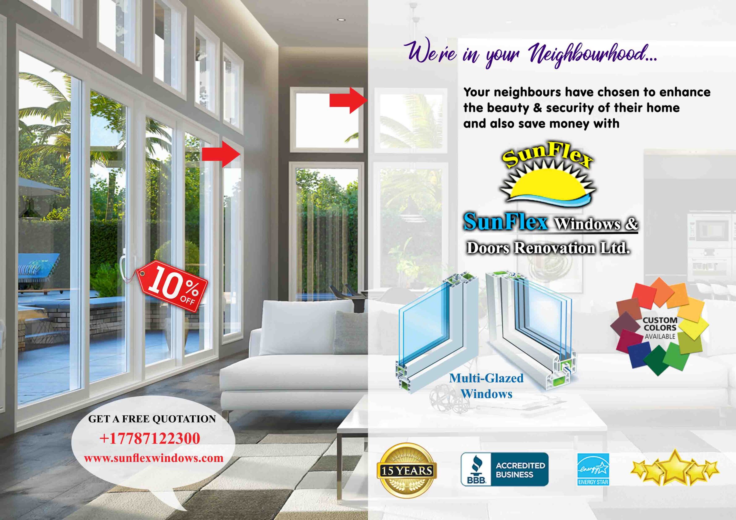 Sunflex Windows & Doors flyer offering a free quotation, beside a living room with large windows